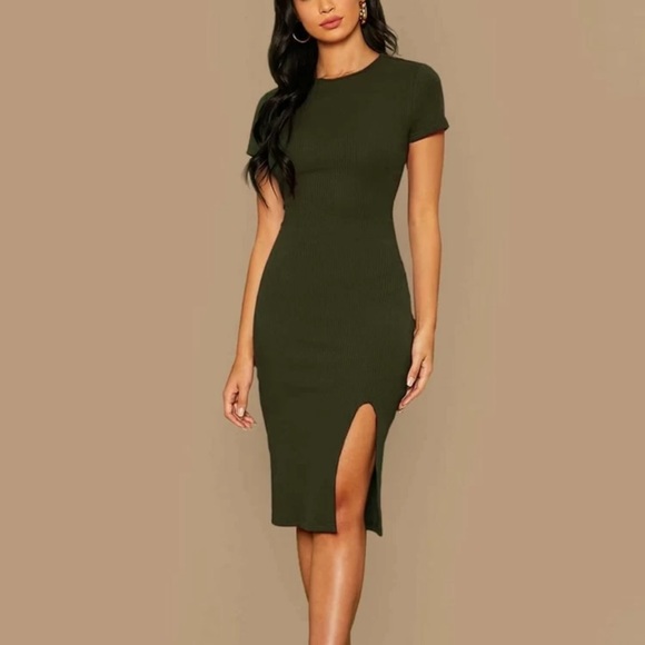 Short sleeve bodycon midi dress slit black - Picture 3 of 6
